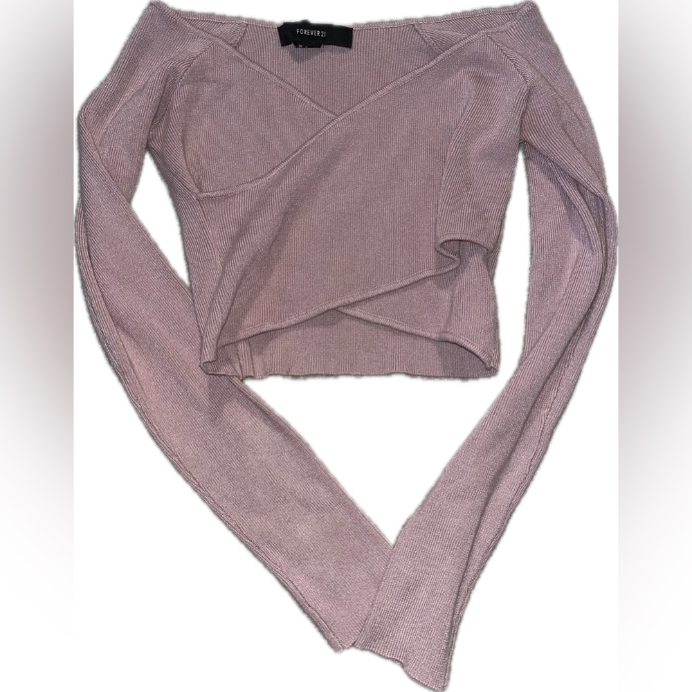 Mauve, wraparound, long sleeve cropped sweater top